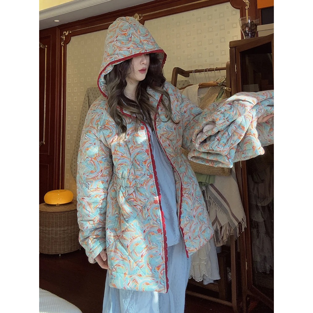 族玛士 树影斑驳连帽加绒家居服套装