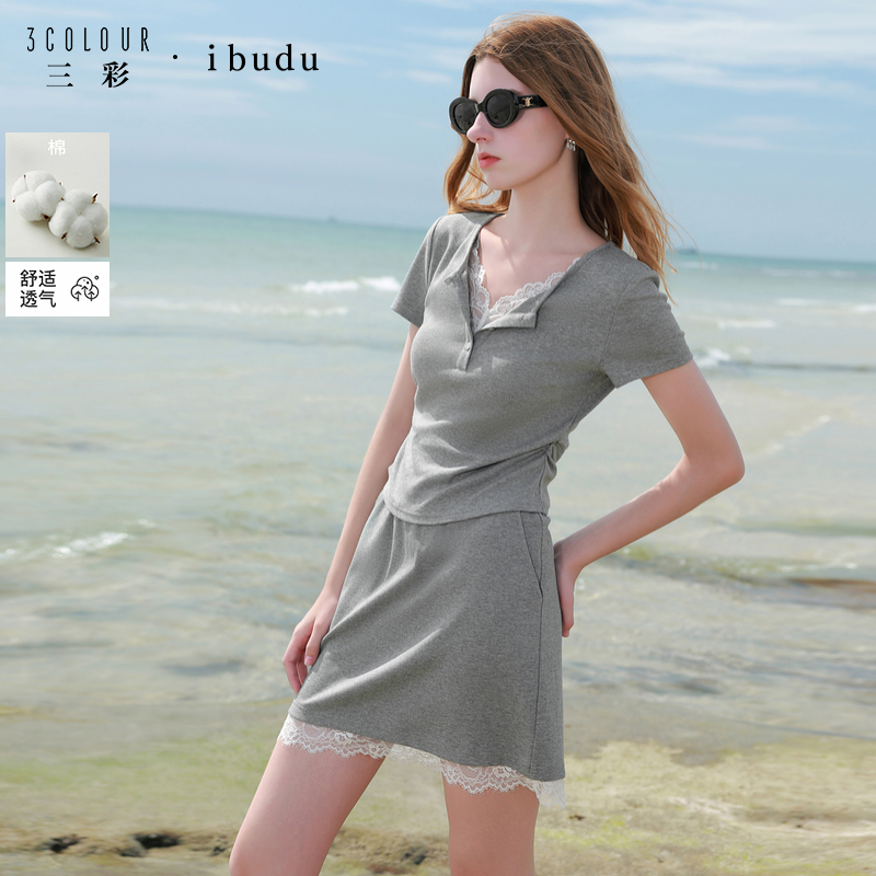 三彩ibudu2025夏季新款两件套休闲T恤半身裙花边短裙套装女