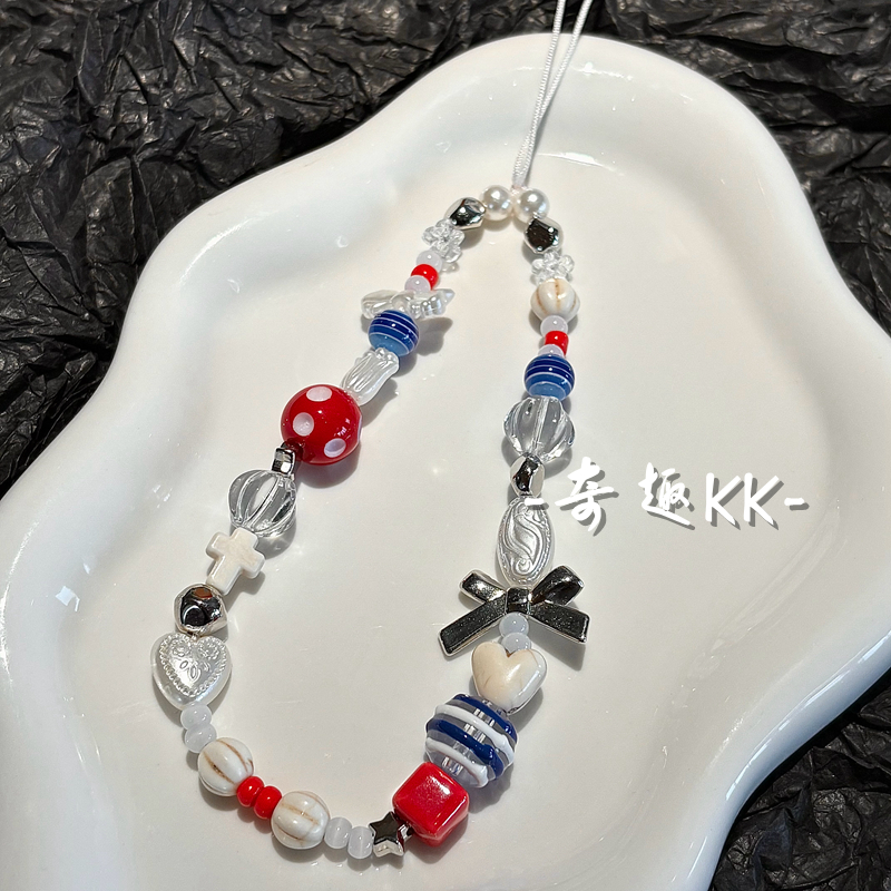 韩系ins小众设计感蝴蝶结串珠手机链条相机包包挂饰手机壳挂绳女