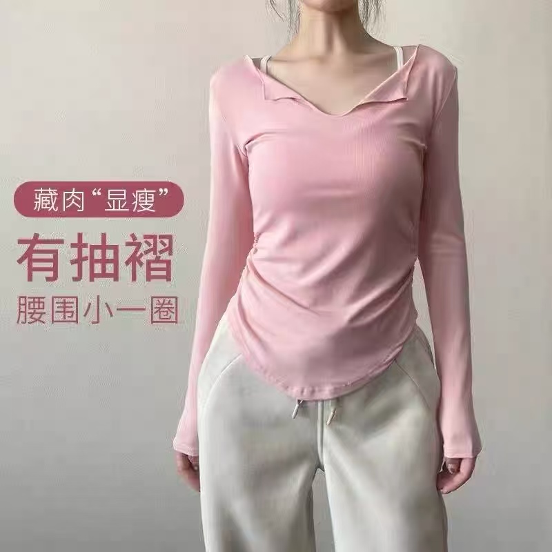 高级感运动上衣抽褶秋冬修身小V领速干瑜伽服跑步健身普拉提长袖