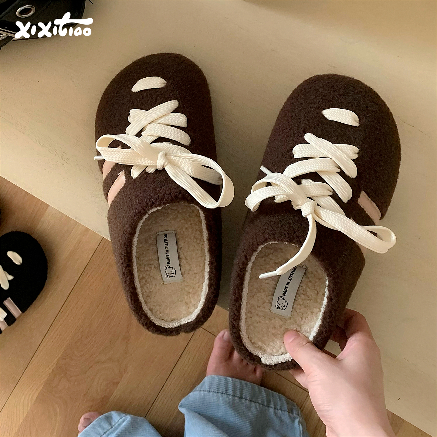 细细条 百搭系带懒人毛毛拖鞋女冬ins厚底防滑外穿保暖居家棉拖鞋