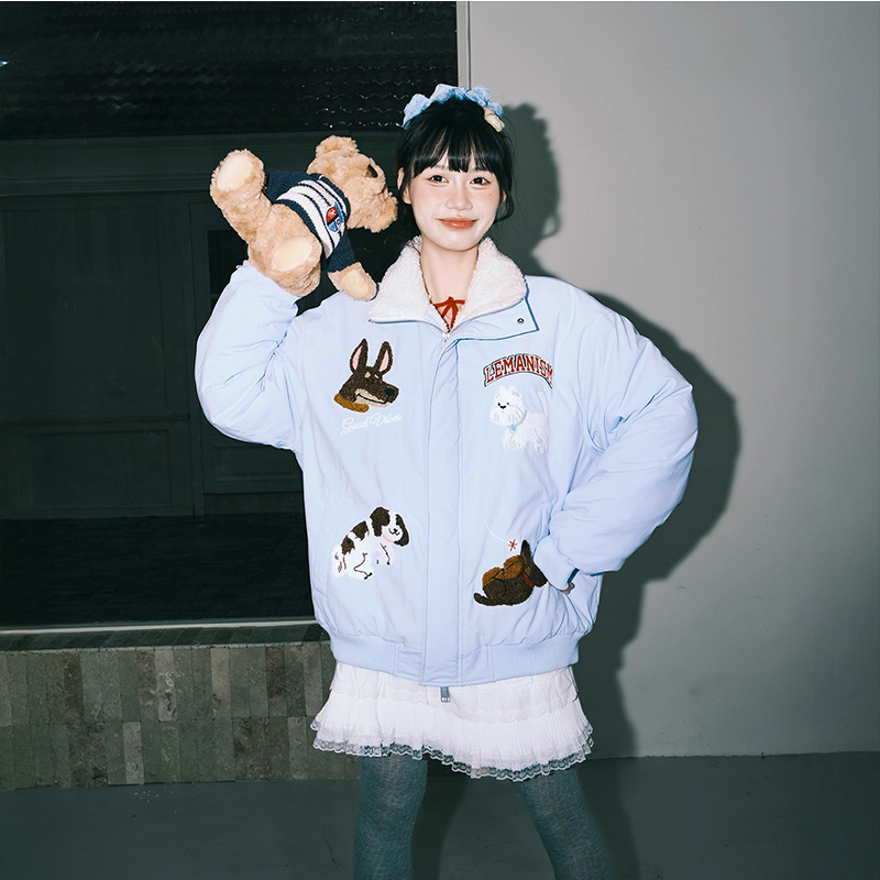 冬季棉衣卡通毛巾绣花加绒加厚百搭休闲宽松潮流棉服男女