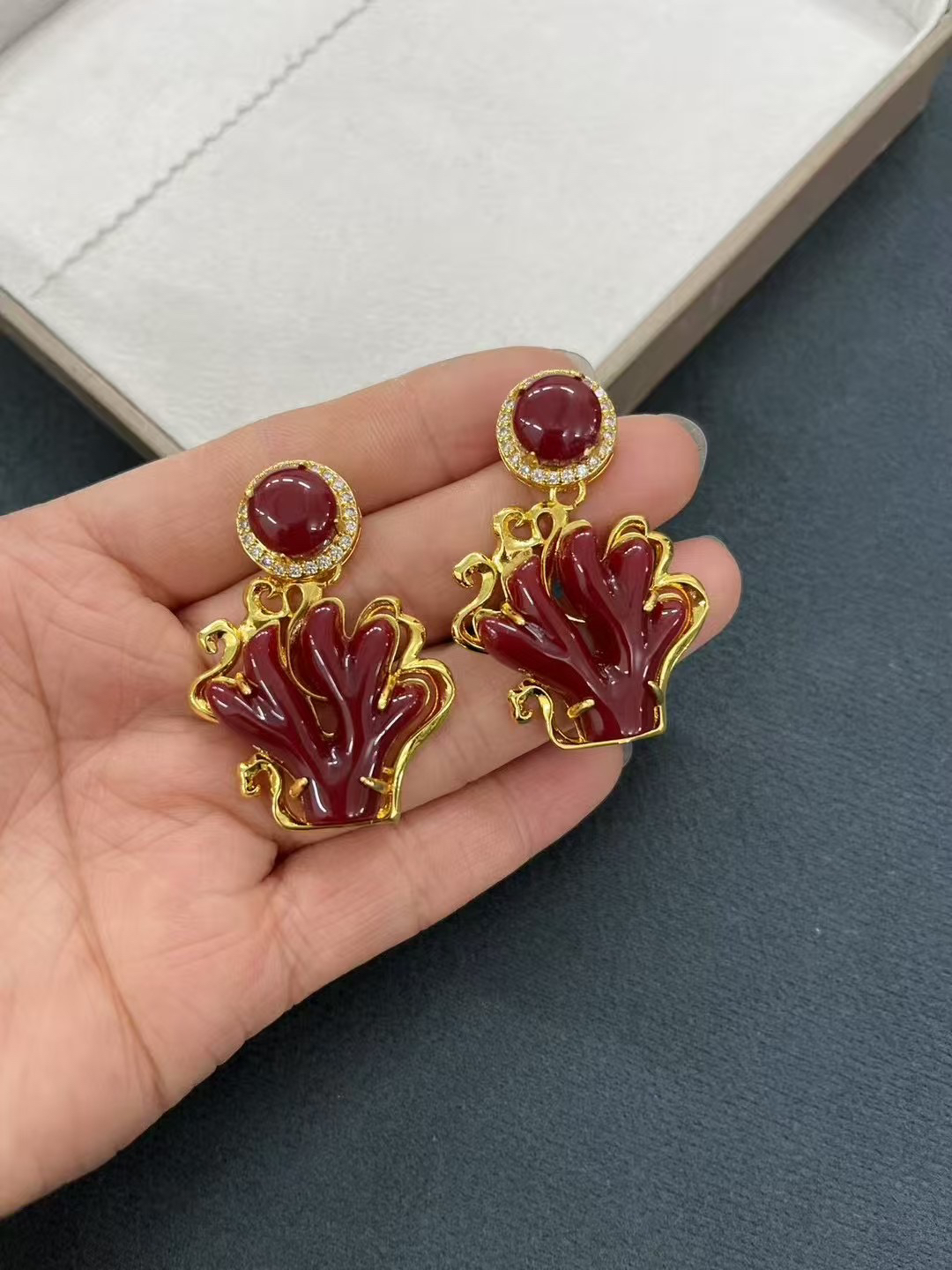 铜合金石英石耳饰 藏式尼泊尔纯手工镀金耳坠