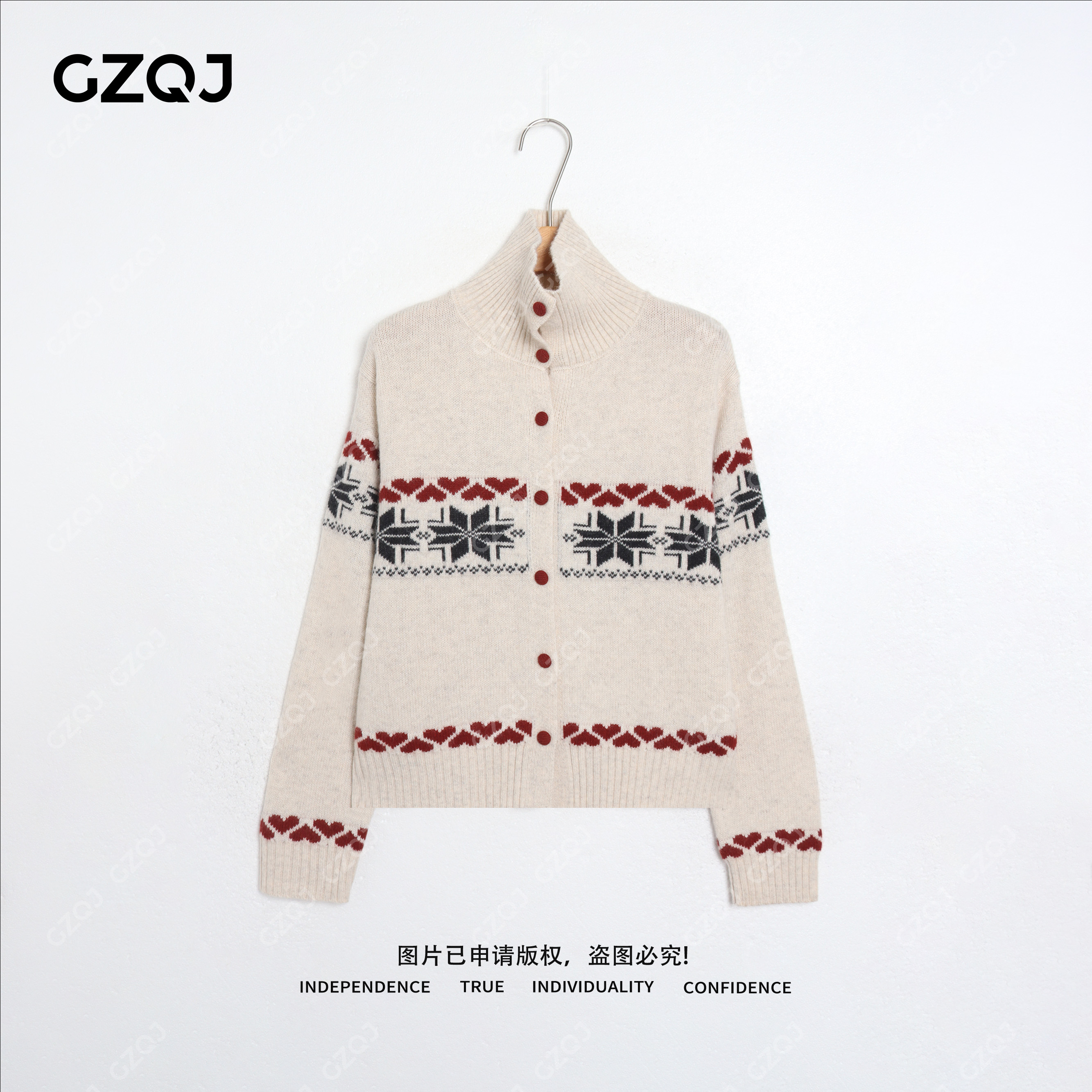 老琴私服【绒雪心谣】绵羊毛兔毛半高领针织开衫费尔岛毛衣女冬7091