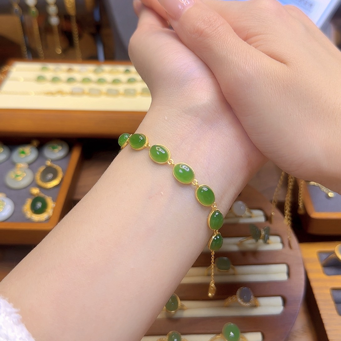 和田玉手链银S925镀金镶嵌