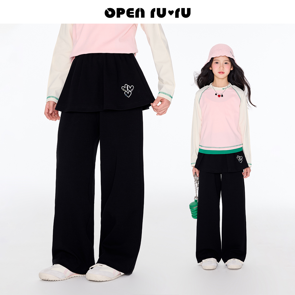 Opennunu女童爱心印花假两件裙裤春季儿童松紧腰设计感直筒长裤