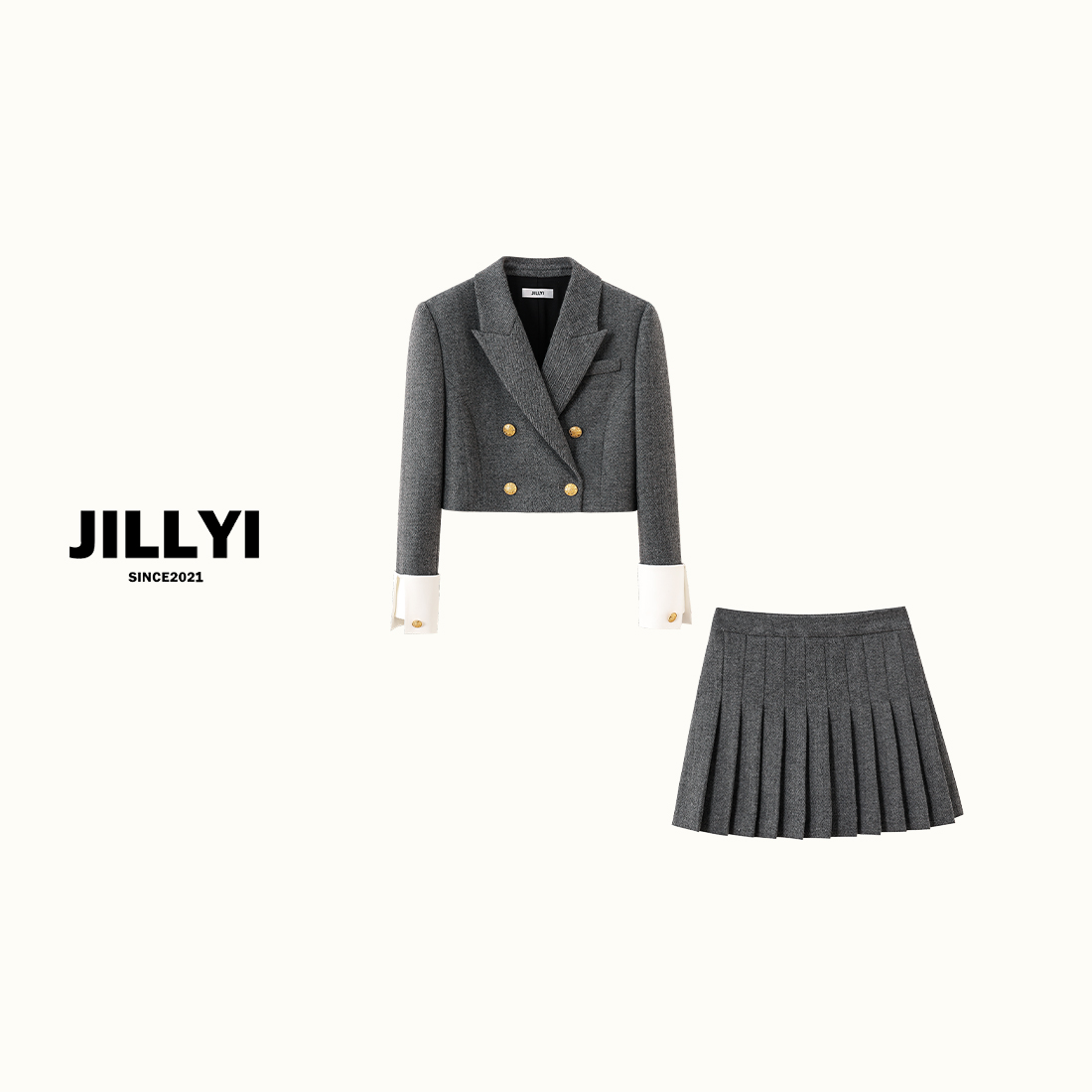 JILLYI【莫奈浅灰】灰色西装领西转外套+灰色百褶裙气质套装
