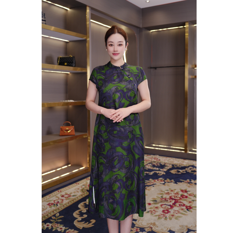 [碧水蓝烟]25夏季新款提花缎花萝琉璃扣香云纱连衣裙妈妈装