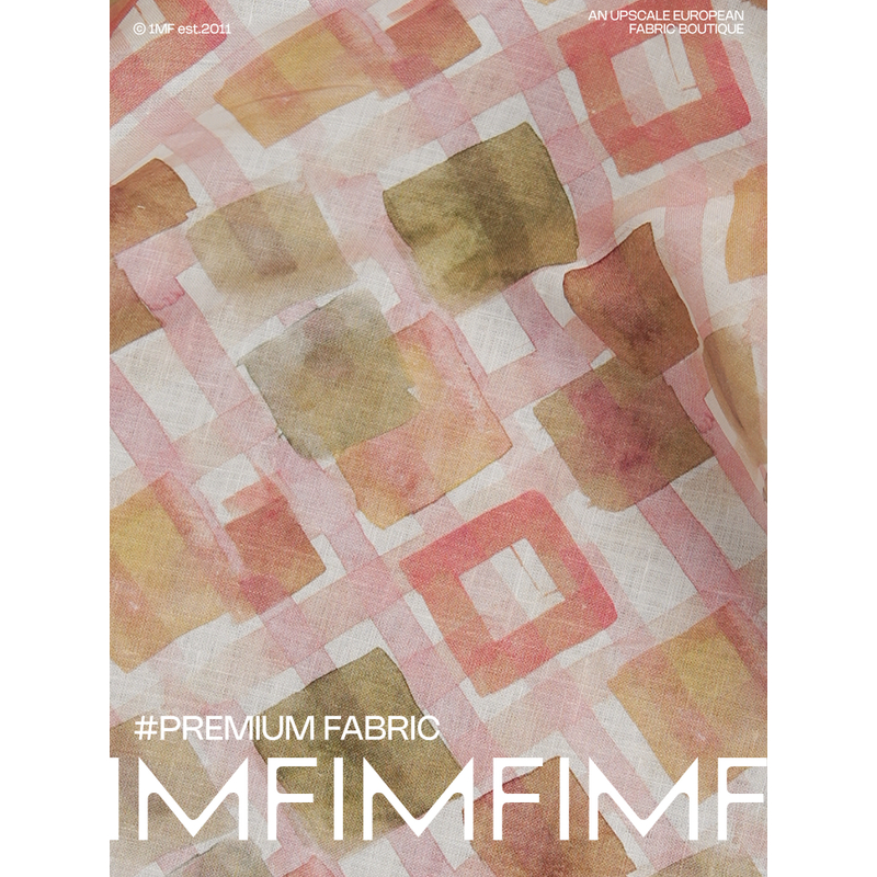 蜜桃迷宫 法国亚麻面料粉绿格印花服装布 宽140CM 180G/M