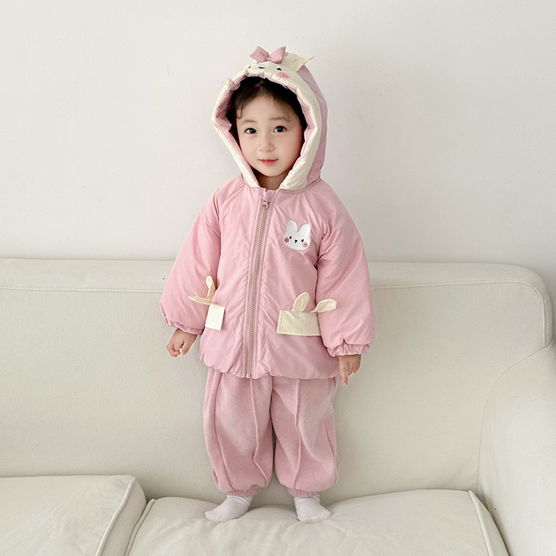 2025冬季新款女童洋气加绒外套儿童上衣洋气连帽小兔加厚拉链衫