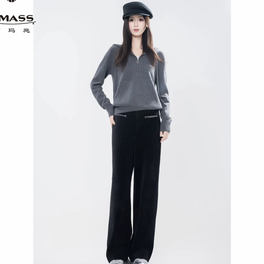 AMASS/阿玛施秋冬新款复古时尚链条装饰雪尼尔直筒休闲裤女510058