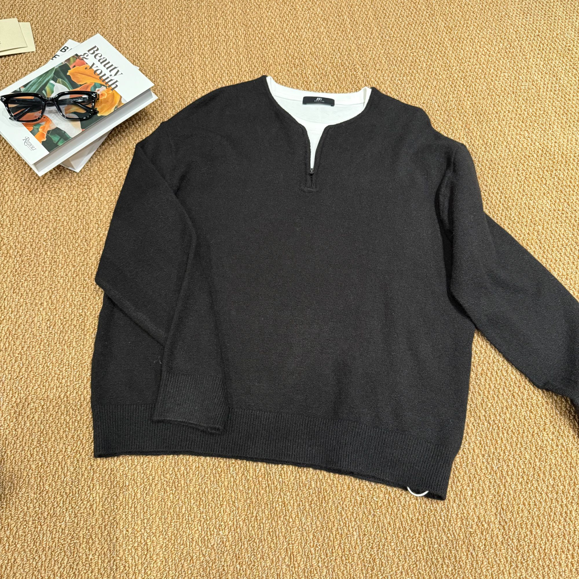 拉链假两件针织不起球毛衣针织衫羊绒衫秋冬休闲黑色