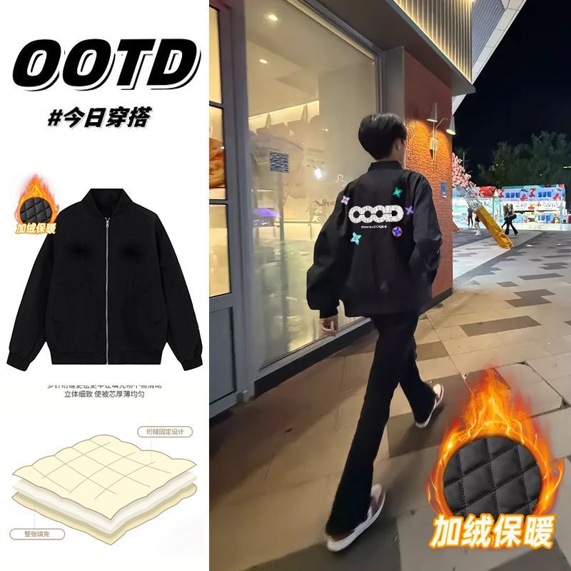 啊泽潮牌美式印花加厚夹克男女青年宽松高街港风无帽外套潮流上衣