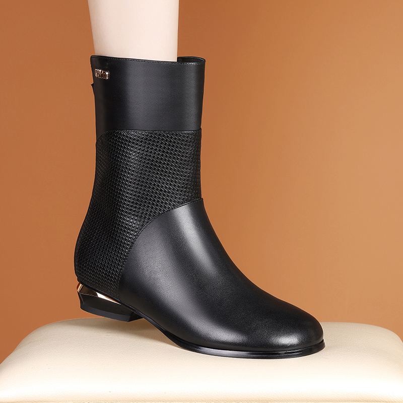 纯皮中筒靴子女低跟真皮靴圆头拼色平跟短靴加绒秋冬2025新款大码