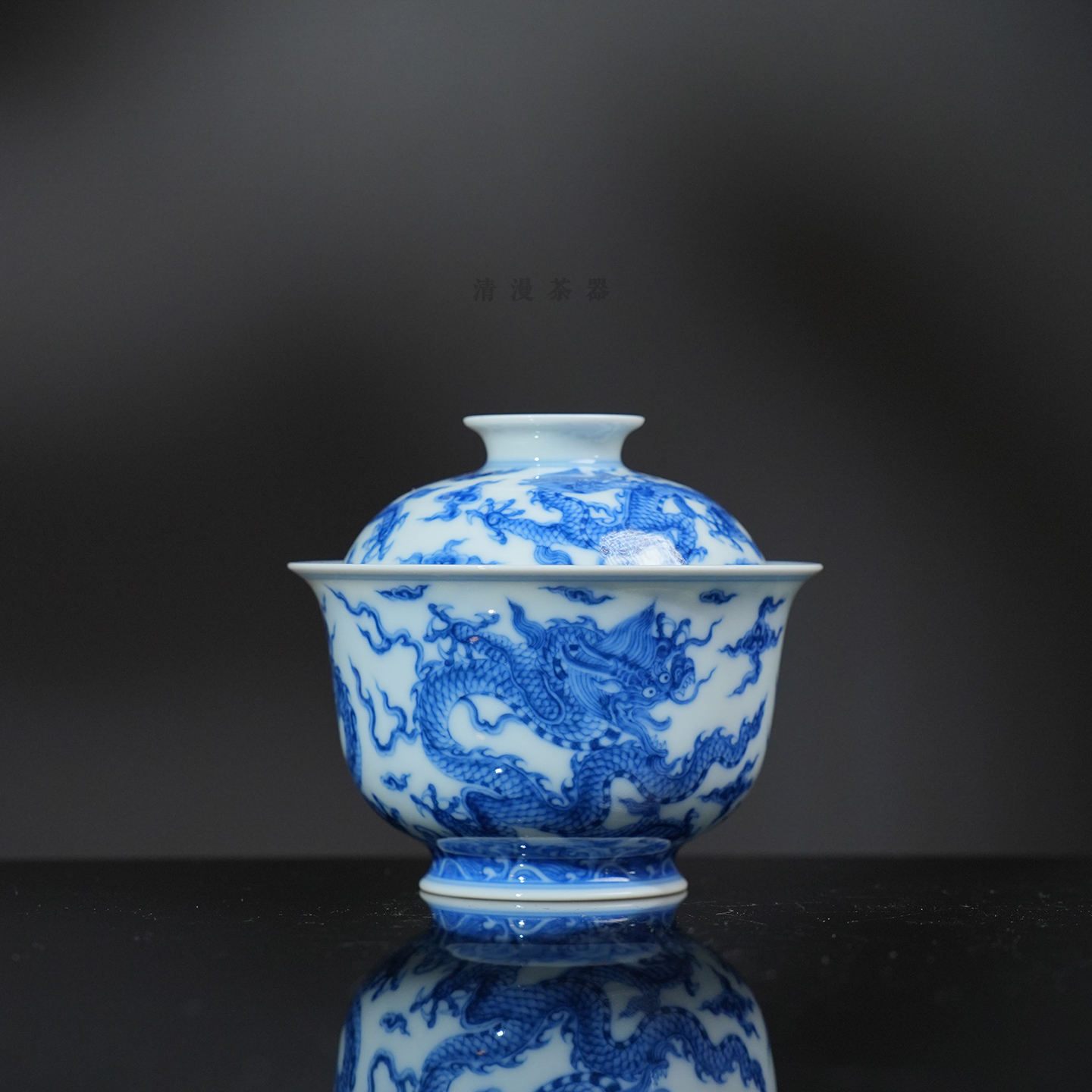 望月怀古九龙岩茶盖碗100ml  景德镇送礼高档泡茶手工手绘茶碗