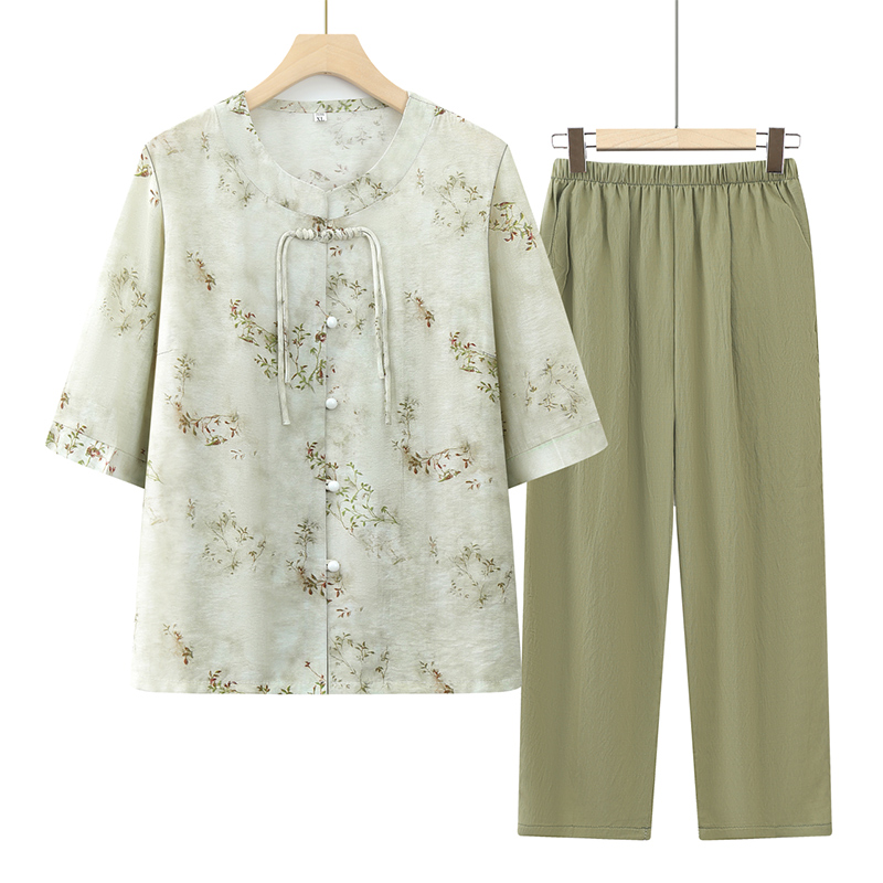 中老年人夏装女妈妈装衬衫60岁70奶奶夏季短袖套装老太太老人衣服