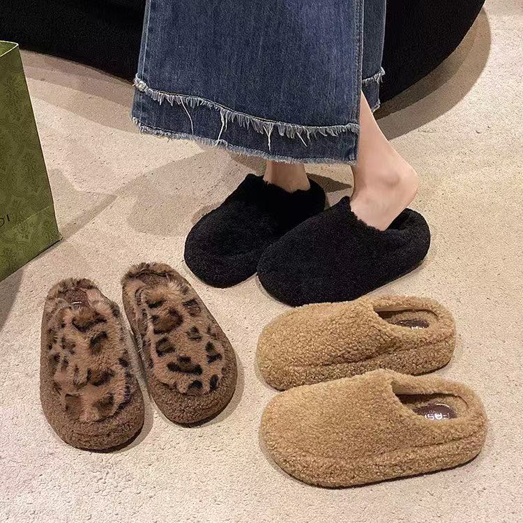 升级版冬款厚底豹纹包头外穿毛毛拖鞋女