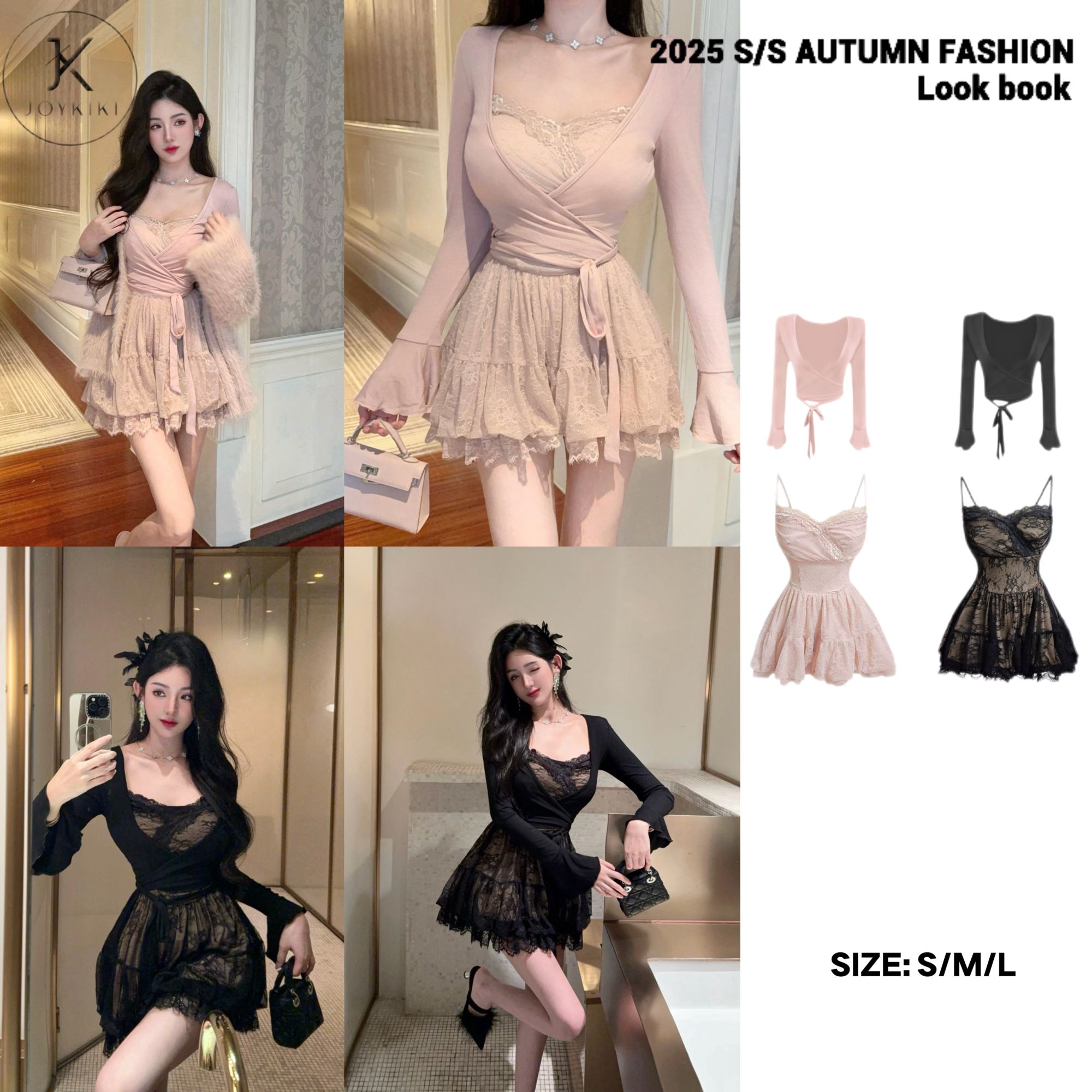 JOYKIKI金金【安妮心事】气质纯欲拼接蕾丝设计连衣裙套装J25C435