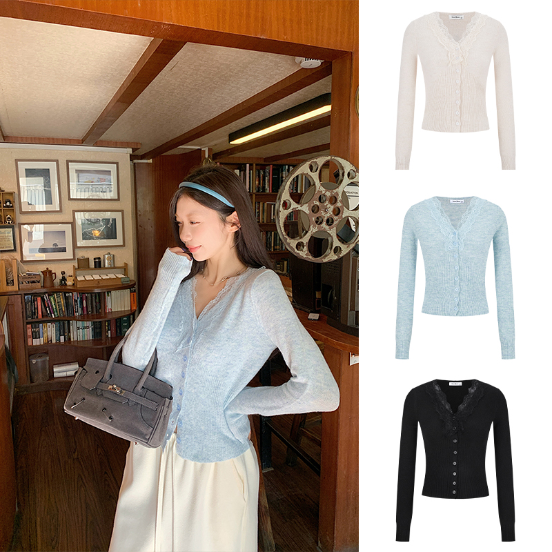 Moses Queen/魔西女王早秋薄款长袖蕾丝领毛针织衫时尚百搭开衫