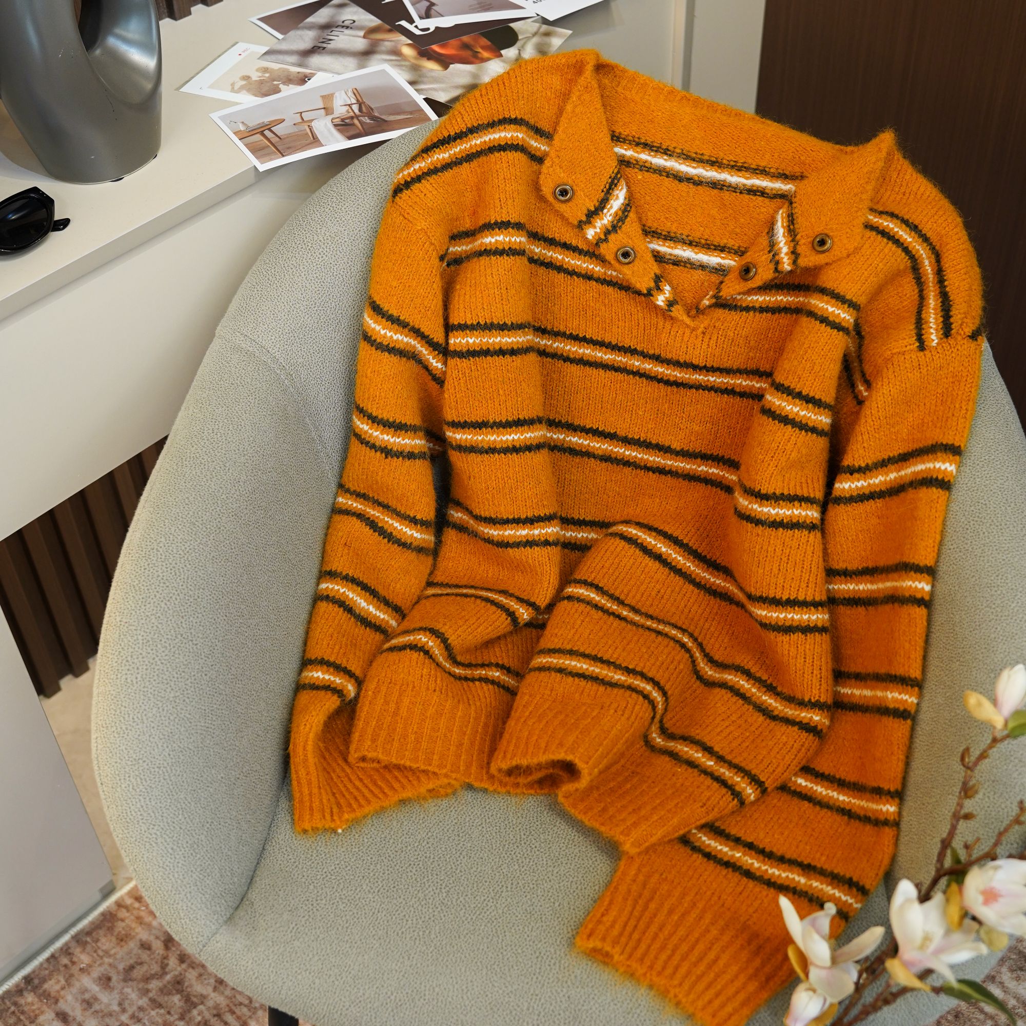 条纹宽松毛针织衫秋冬毛衣针织红色插肩袖长袖厚款保暖网红套头