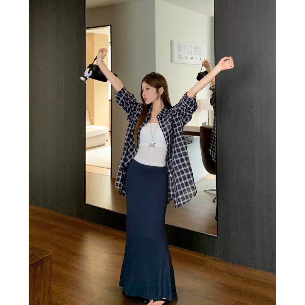 3688蓝色格子纹百搭衬衫A7-1-1