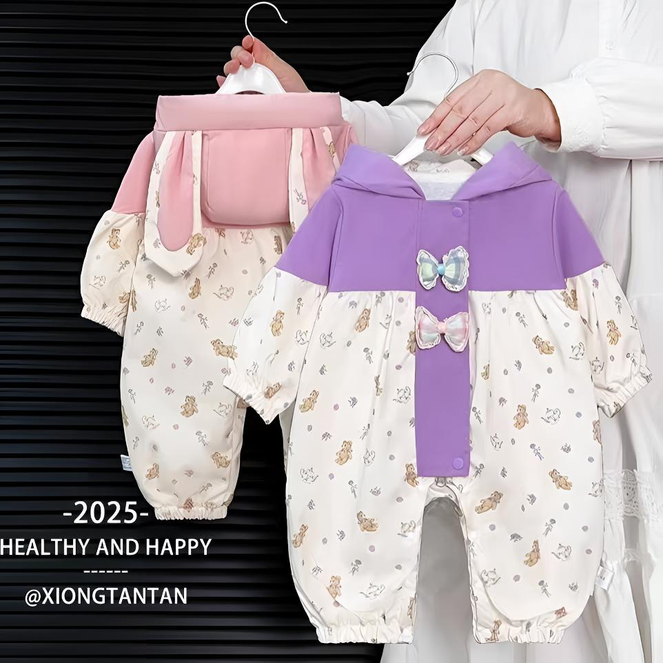 2025春秋长袖A类可爱兔耳蝴蝶哈衣爬服婴儿连帽双拉链连体衣