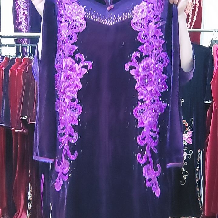 紫色金丝绒领子微透中长旗袍贴花xl100-120斤2XL120-130内