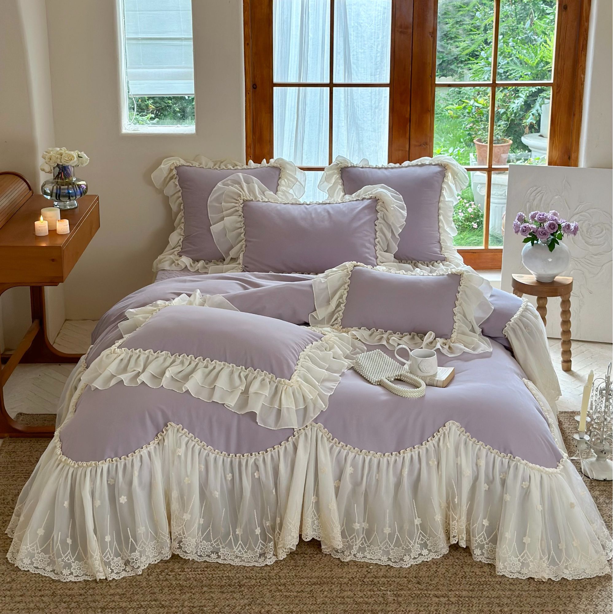 全棉磨毛加厚四件套床盖裙款欧式公主风纯棉蕾丝花边被套床上用品