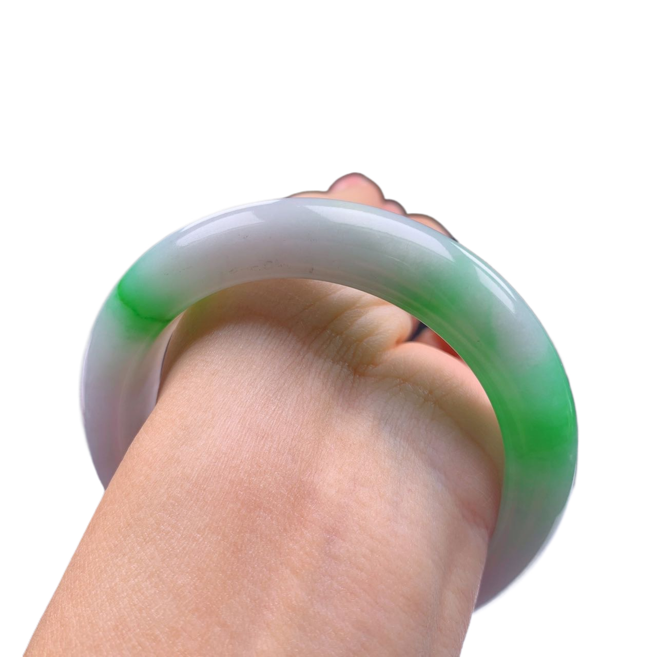 缅甸天然翡翠A货55圈口糯冰春彩紫罗兰辣阳绿厚装正圈手镯000962