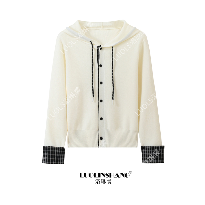 2025秋冬新款衬衫拼接连帽设计感针织外套百搭宽松显瘦抽绳上衣女