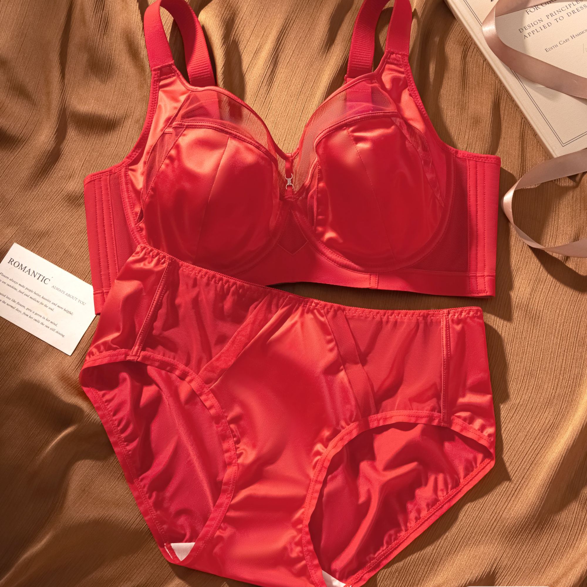 【大胸万能杯】红色大胸显小显瘦轻奢缎面内衣性感舒适文胸【6987】