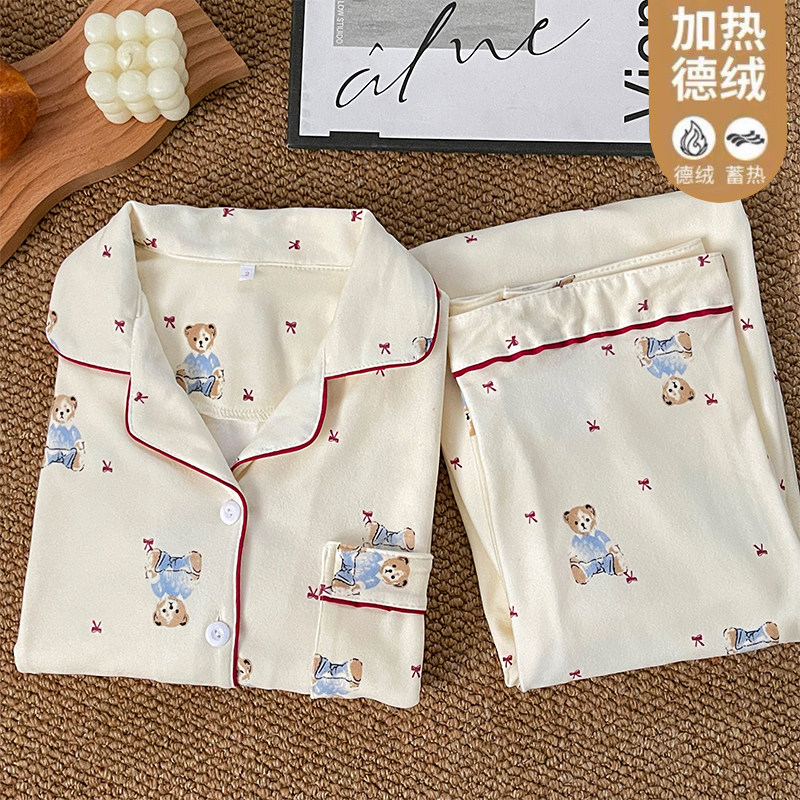 新款卡通长袖长裤睡衣女秋冬季居家服可爱趣味翻领套装148