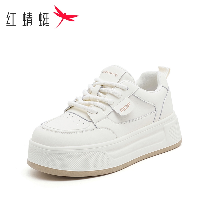 红蜻蜓纯色厚底小白鞋增高板鞋2025冬季新款系带时尚百搭休闲鞋HY