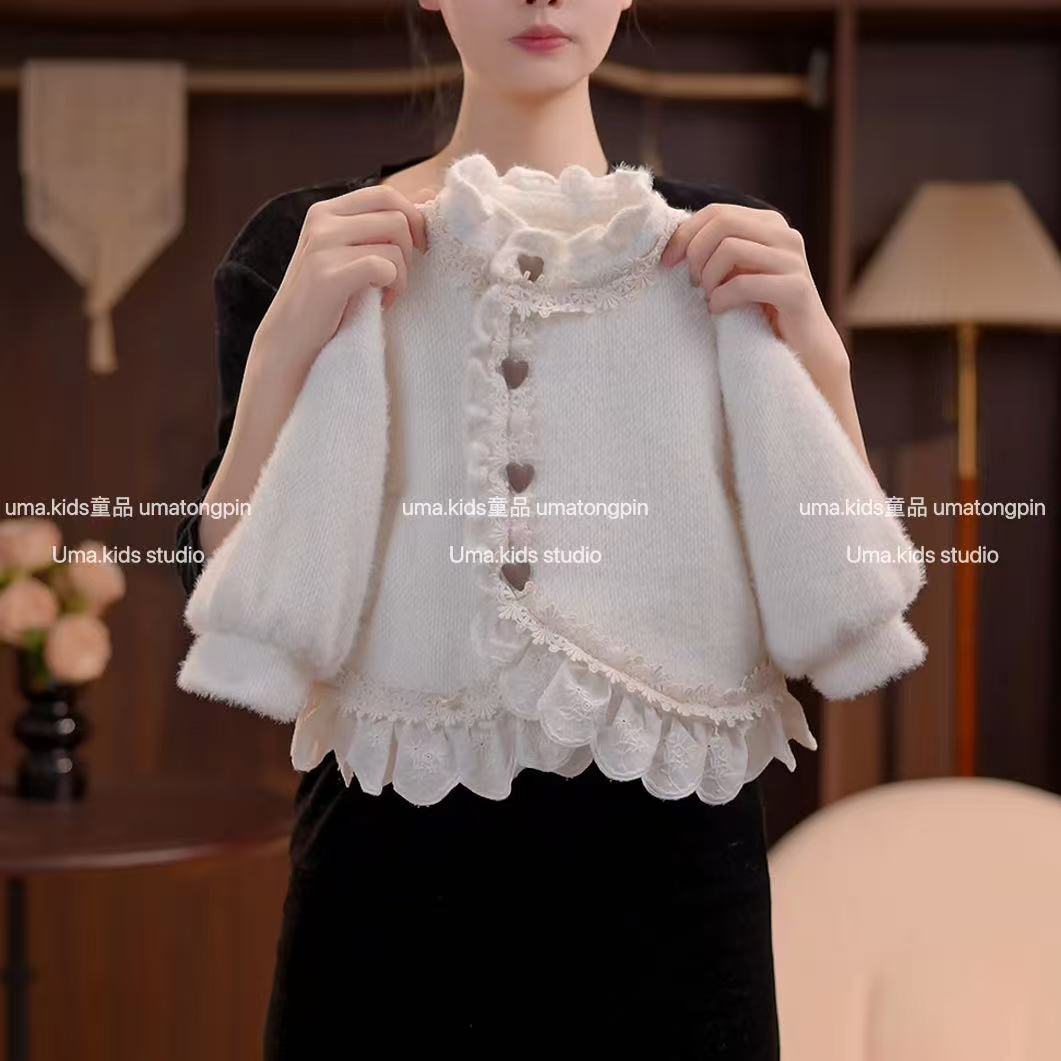 女童2025冬季新款法式儿童轻奢法式花边棉衣加绒加厚外套百搭