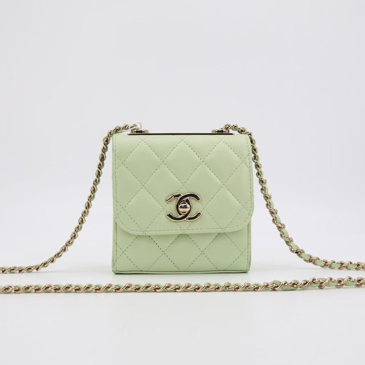 95新 GUCCI/古驰 GGS香奈儿trendycc mini绿色金扣羊皮/64156660