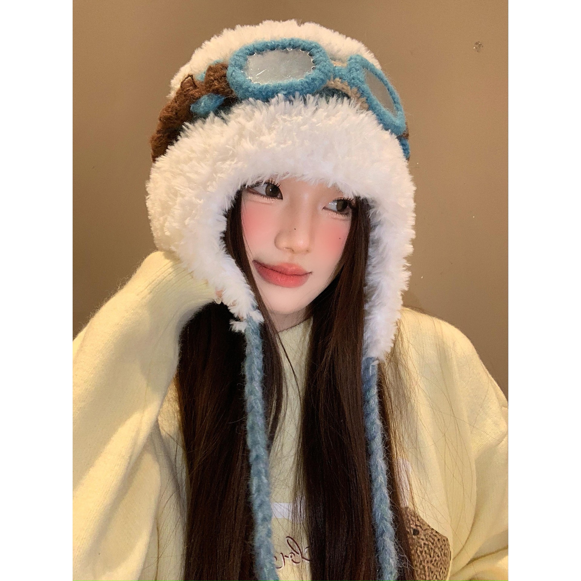 加绒款檀健次同款可爱眼镜飞行护耳雷锋帽子女秋冬保暖毛绒针织帽