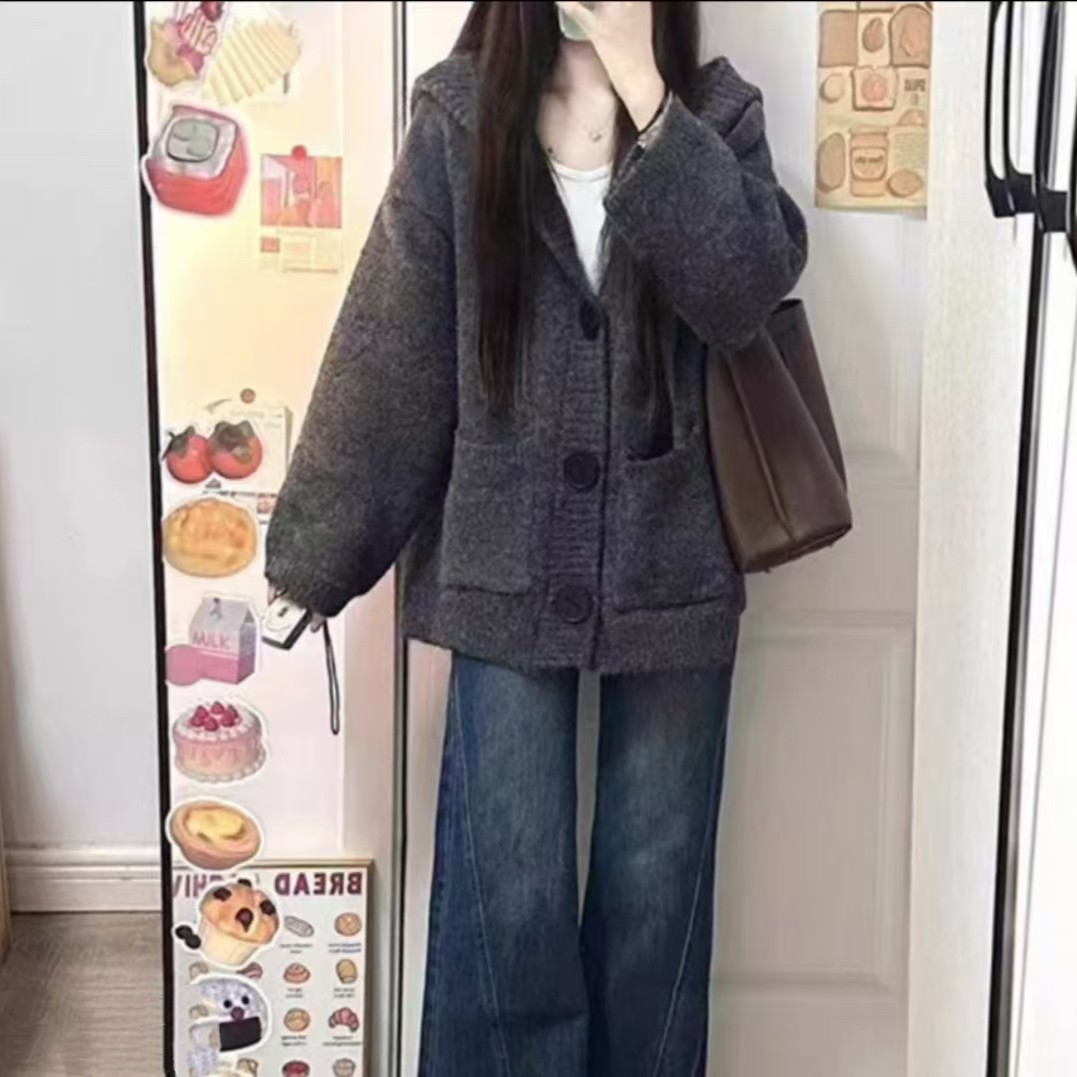 【01-28】韩系简约毛衣外套女秋冬款百搭宽松网红连帽针织开衫