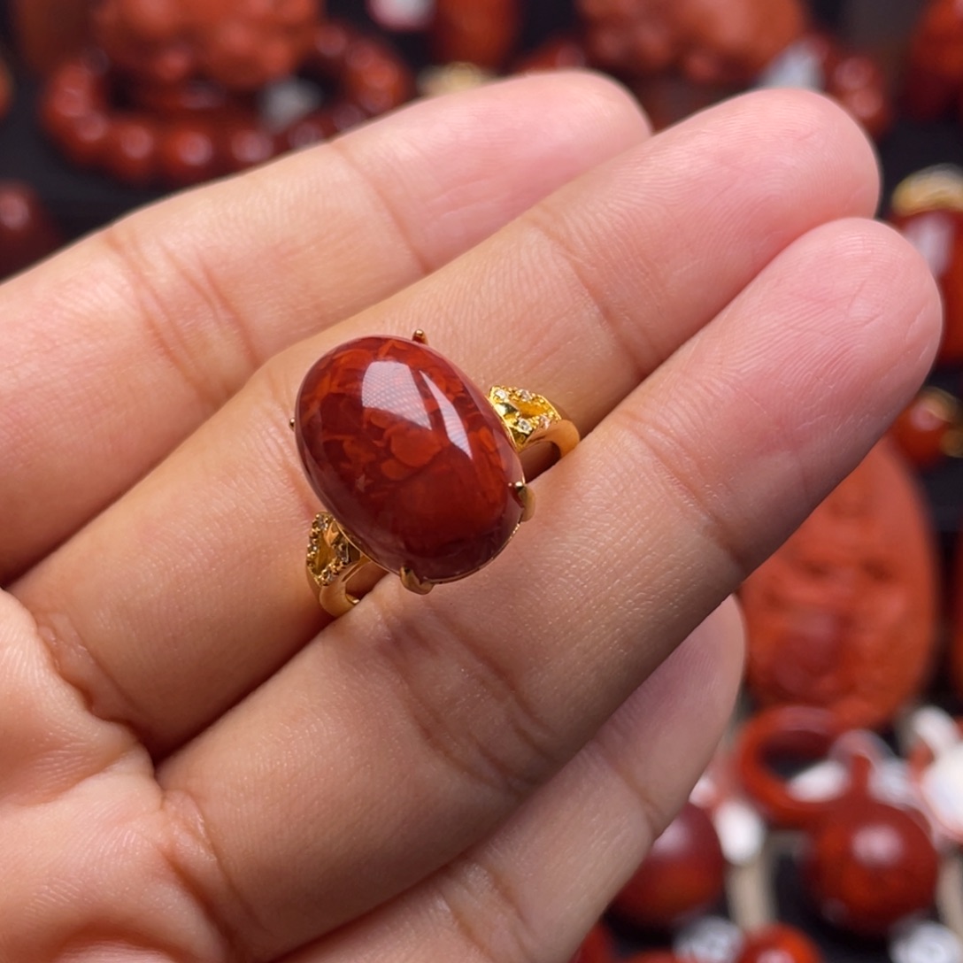 南红玛瑙珠宝奇石银S925镶嵌戒指