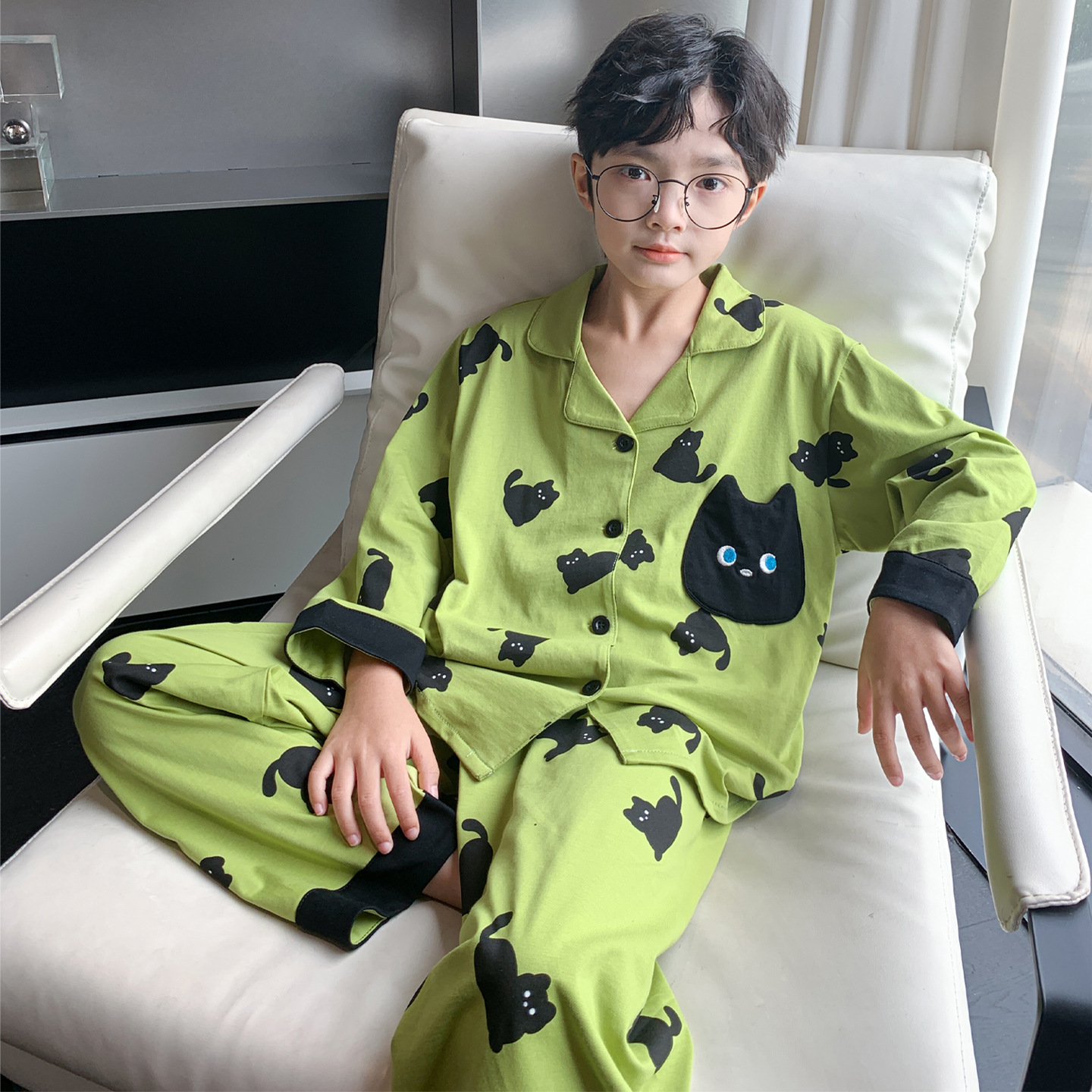 2025秋季新款卡通猫咪纯棉睡衣套装男大童家居服可外穿长袖两件套