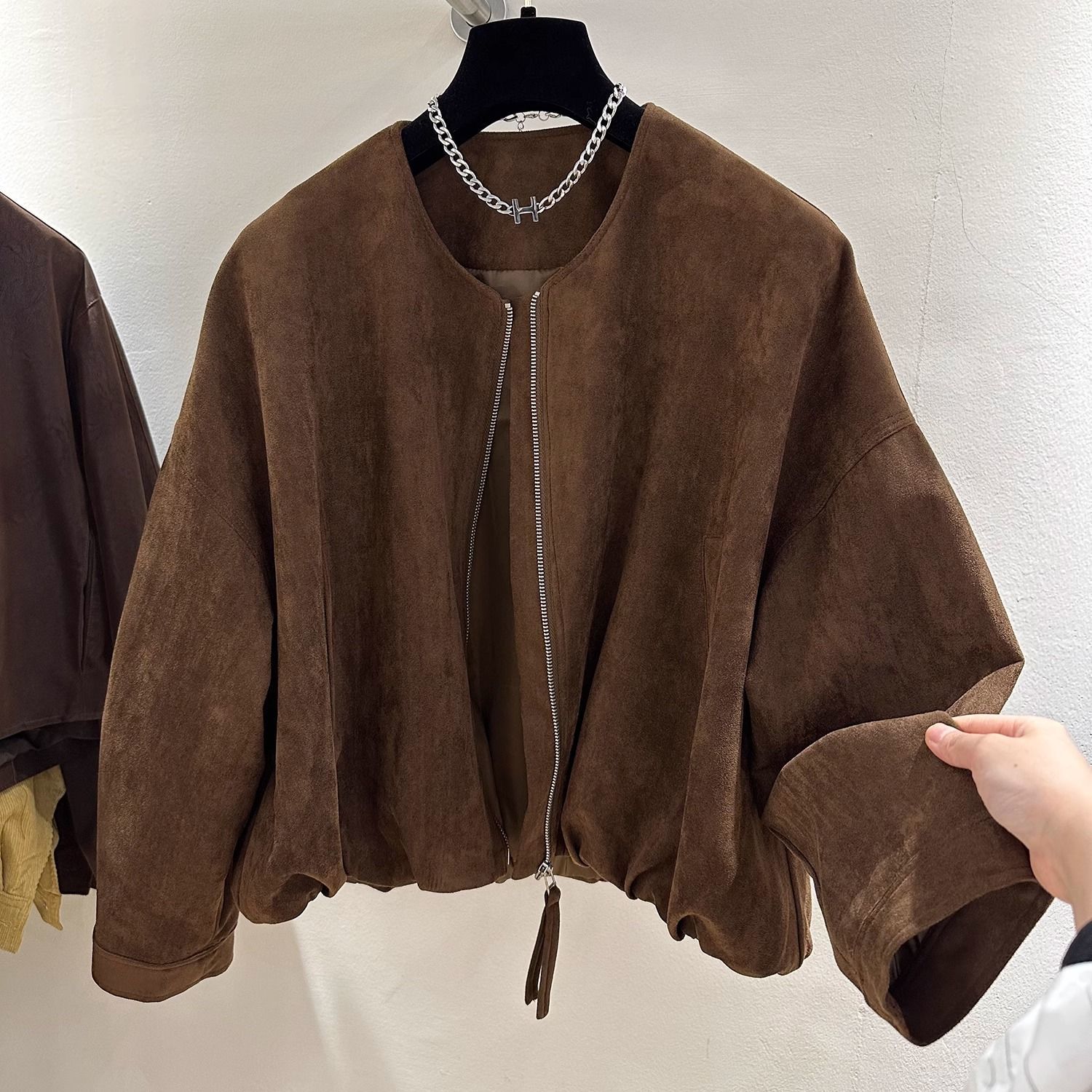 2025春秋新款宽松显瘦高端复古麂皮绒圆领拉链夹克外套洋气上衣女