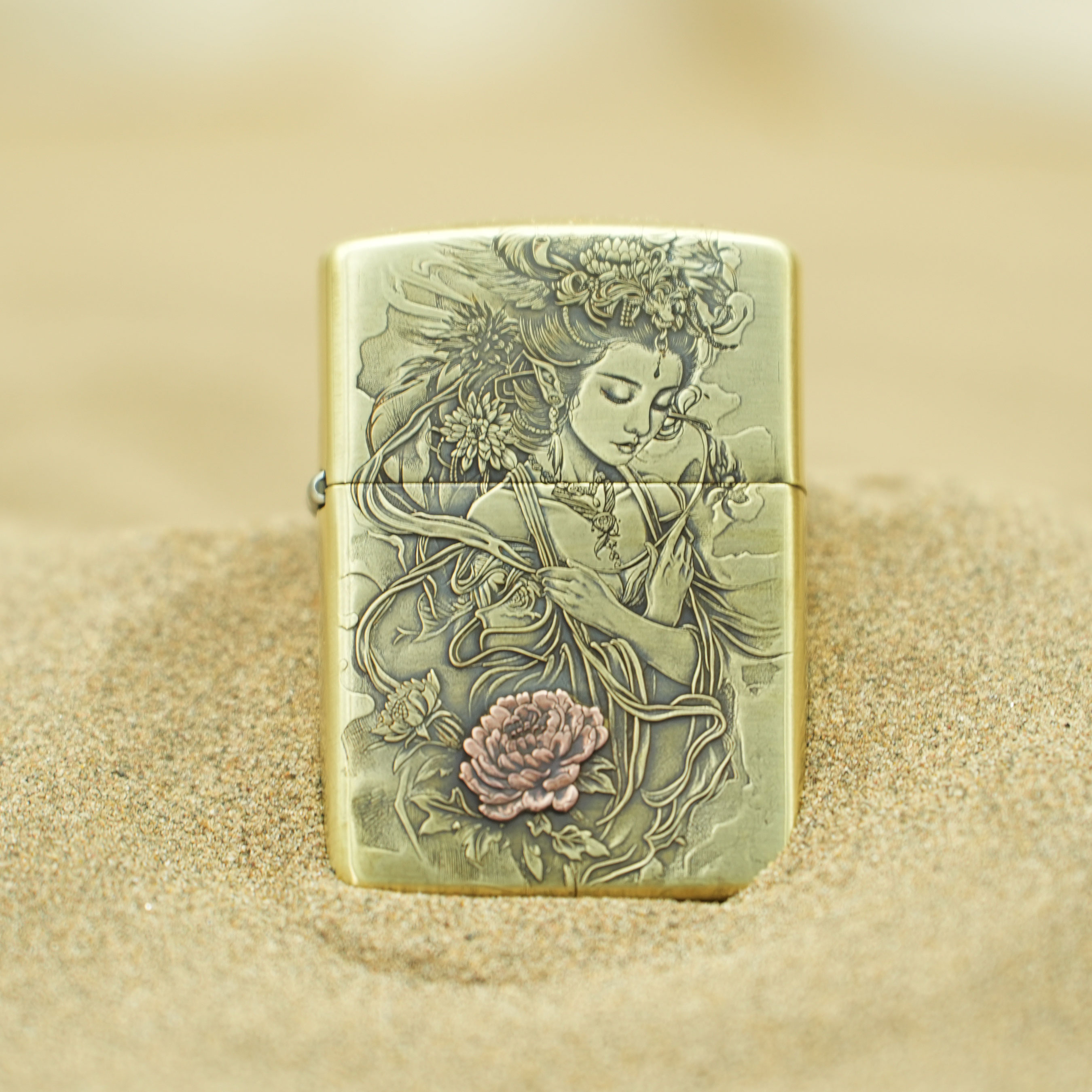 ZIPPO/之宝风花雪月纯铜盔甲紫铜镶嵌官方正品打火机美女牡丹DYJ1