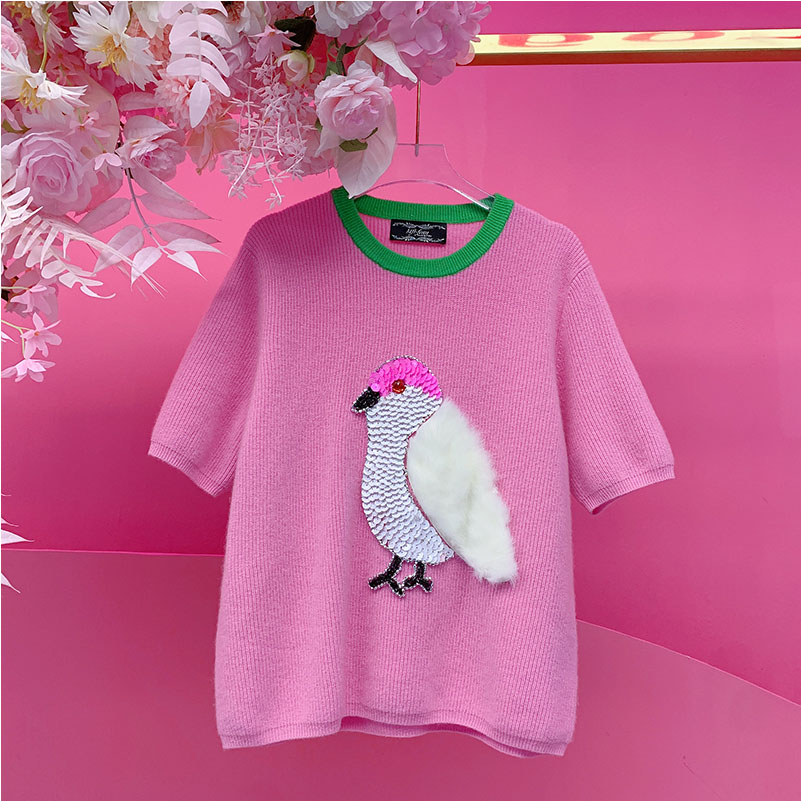 A5203欧美设计师2025冬季新款重工钉珠刺绣亮片小鸟山羊绒毛衣女