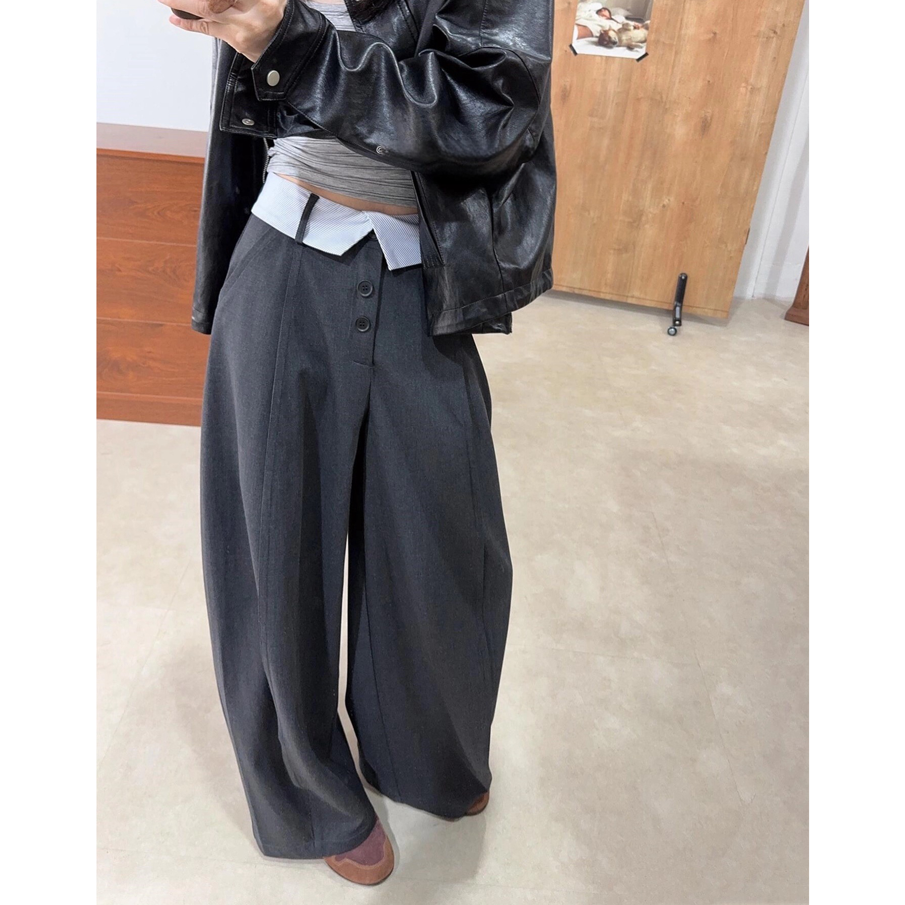 韩版百搭显瘦百搭设计感小众拼接翻领腰头休闲西装裤女