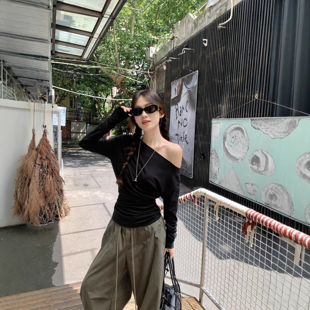 YBK设计感甜辣妹露肩女装早秋修身显瘦打底内搭学生上衣韩版t恤