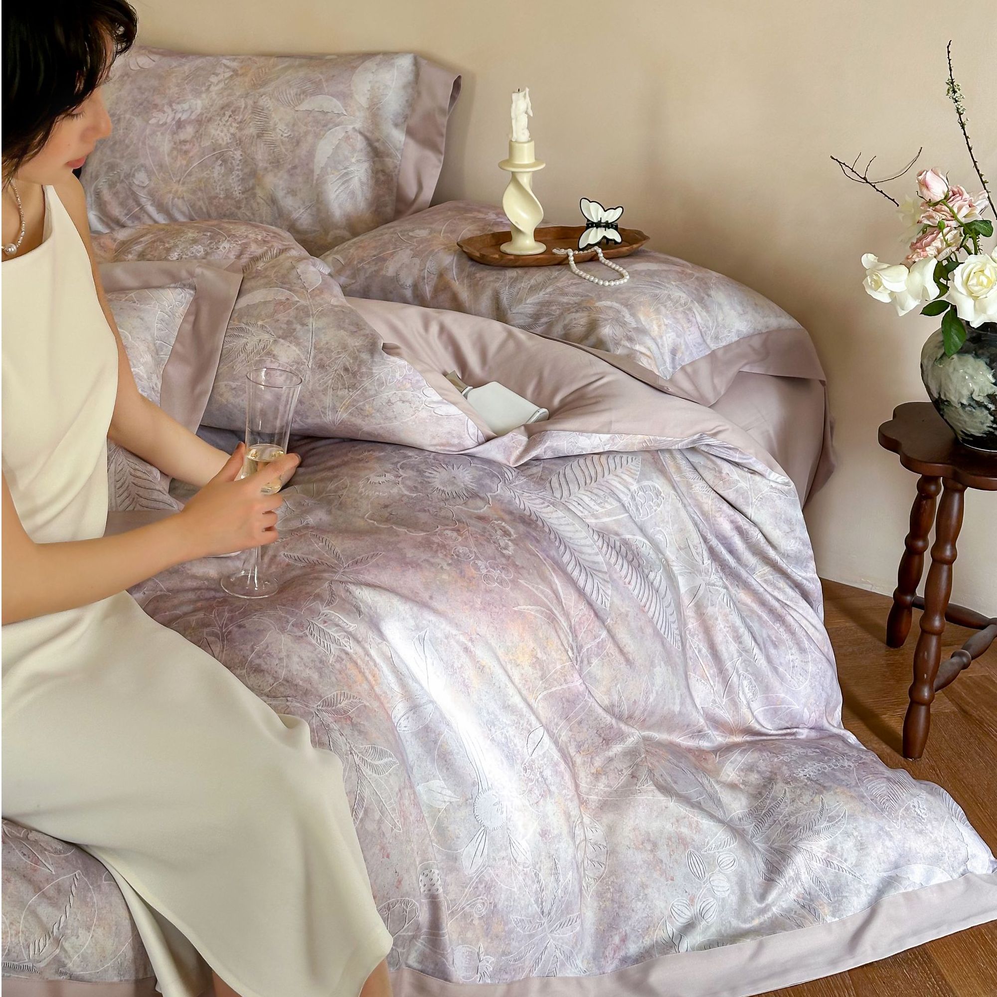 天丝棉轻奢数码印花款四件套床品-雪中信