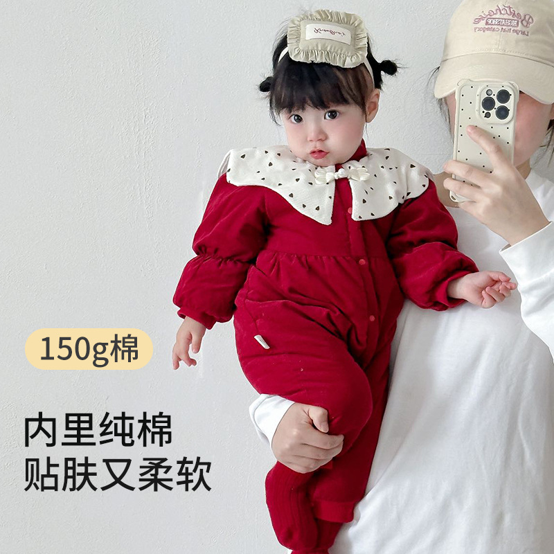 婴儿拜年服红色衣服喜庆新生女宝宝连体衣满月周岁过年服冬款爬服