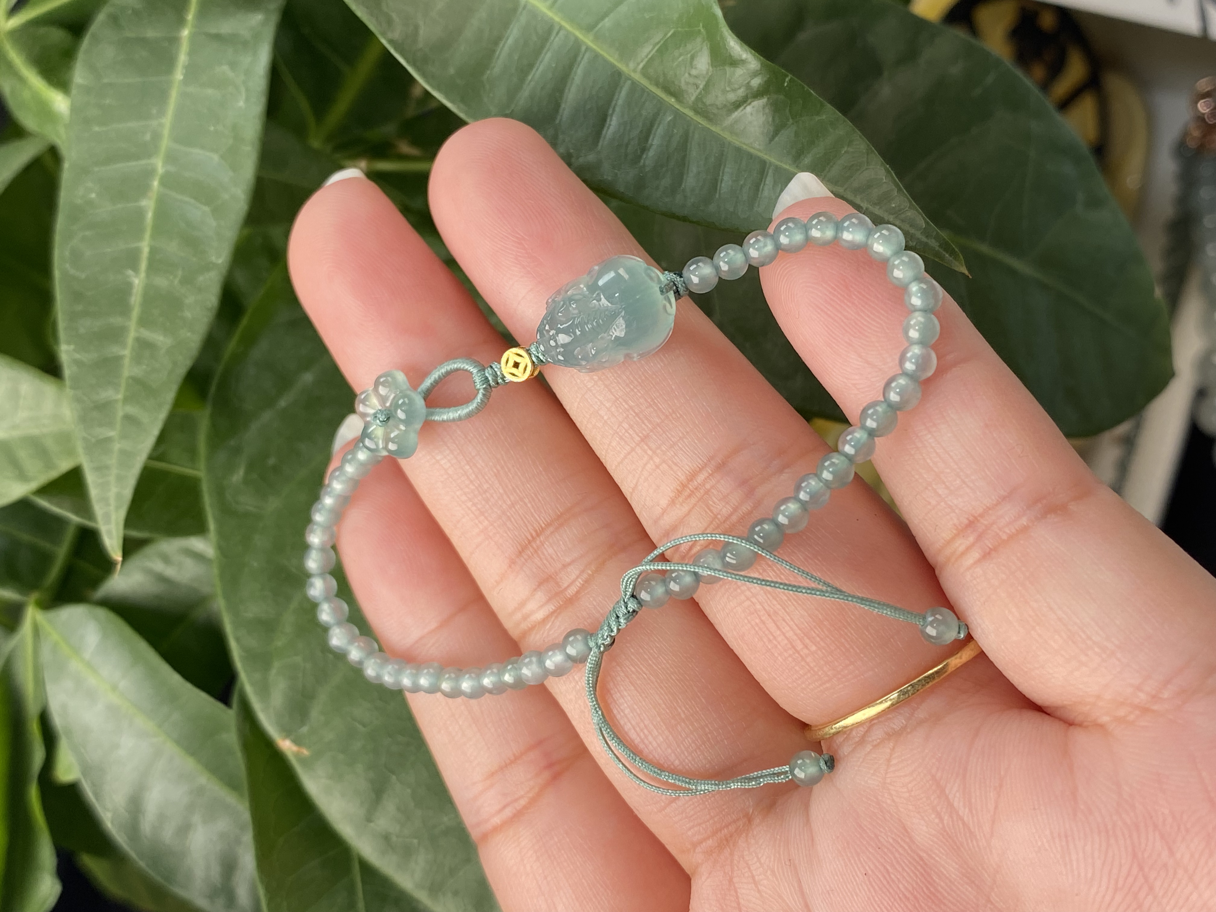 纯天然翡翠A货冰种貔貅有钱花手绳松香绿可调节