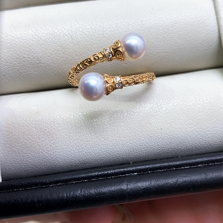 银S925镶嵌戒指淡水珍珠正圆极光无瑕小灯泡5-6