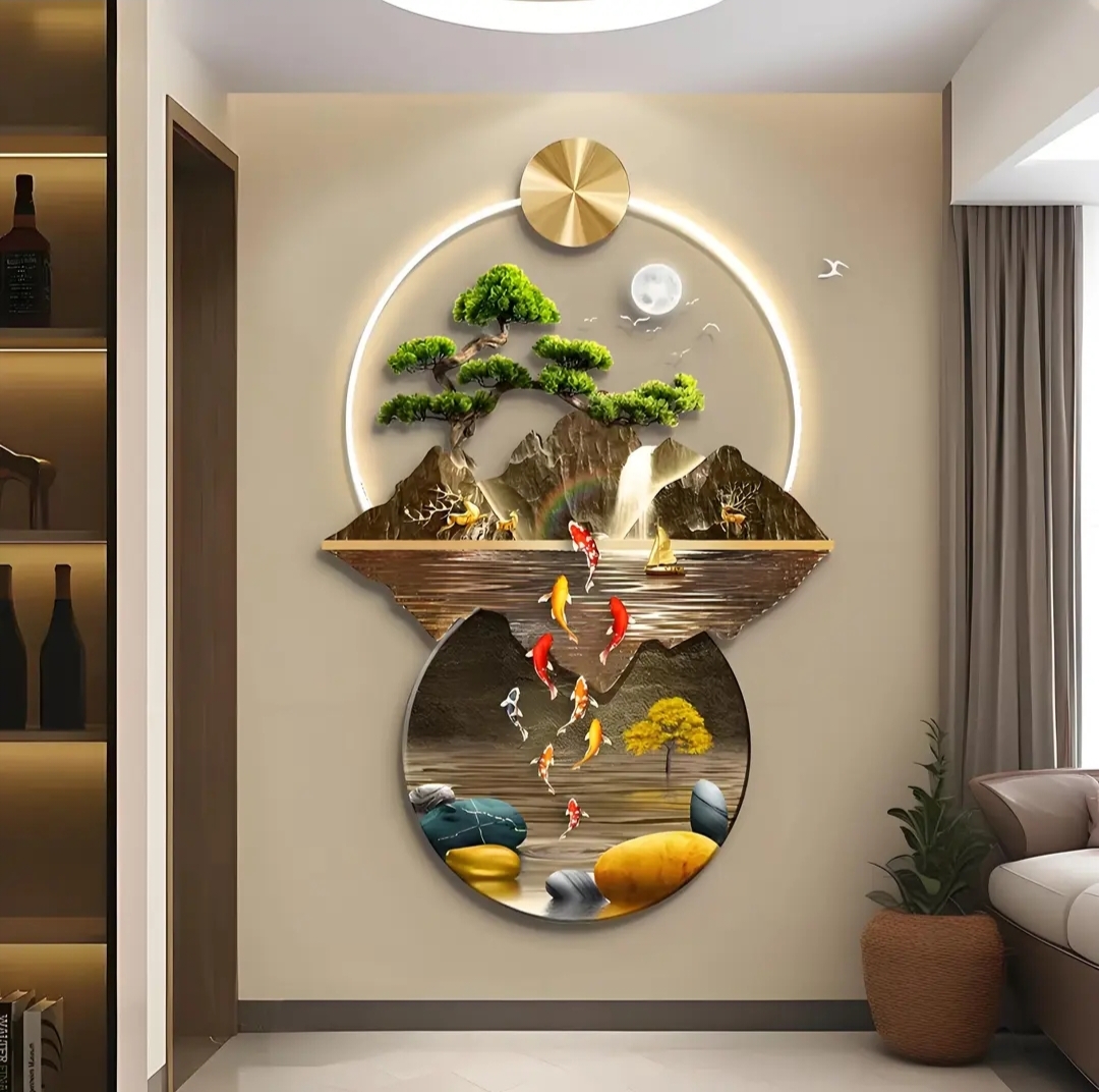 新中式入户玄关装饰流水生财山水画轻奢高档走廊网红新房装饰品