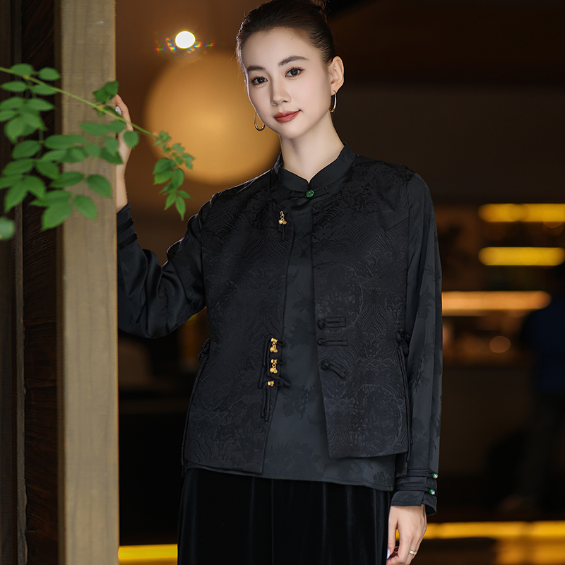 【花好月圆】新中式国风提花黑色马甲背心女装2025秋新复古高端上衣